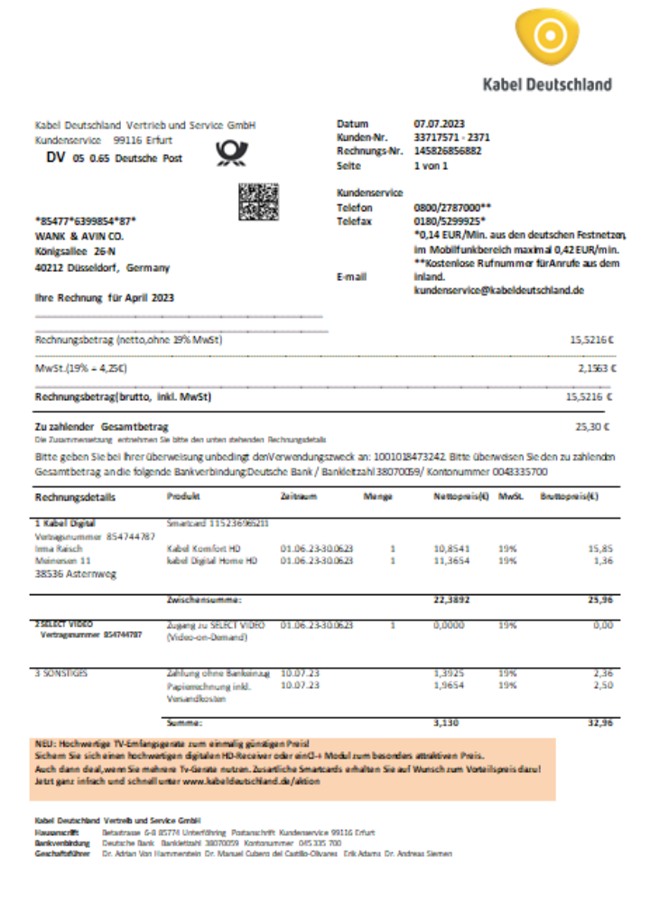 Germany TV Cabel utility business bill,  SCR PSD template